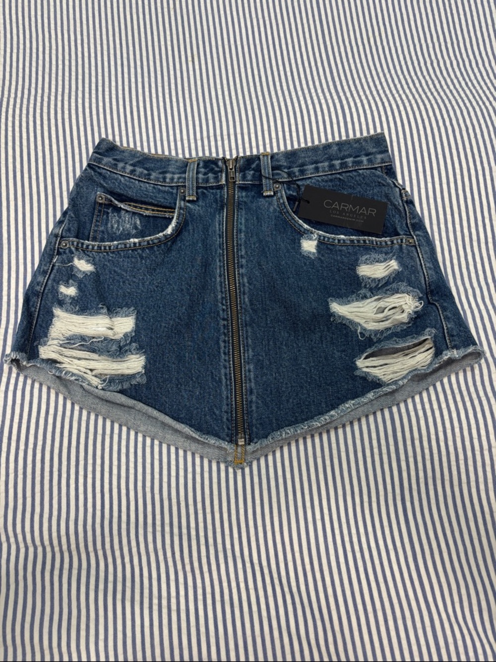 NWT Carmar Dark Blue Distressed Front-Zip Denim Skirt